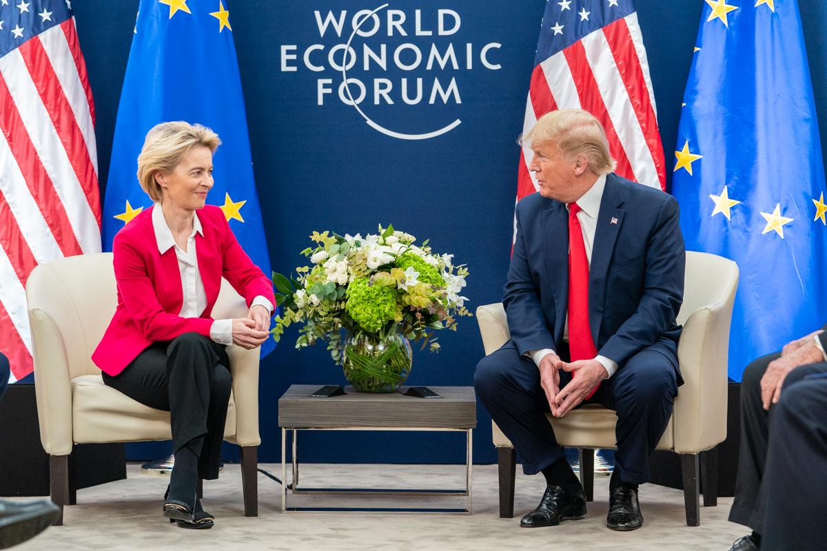 President Donald J. Trump meets with the President of the European Commission Ursula von der Leyen during the 50th Annual World Economic Forum meeting Tuesday, Jan. 21, 2020, at the Davos Congress Centre in Davos, Switzerland. (Official White House Photo by Shealah Craighead) https://www.flickr.com/photos/whitehouse45/49419287158/in/photostream/